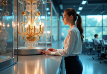 Jeune chercheuse devant un ordinateur quantique chandelier