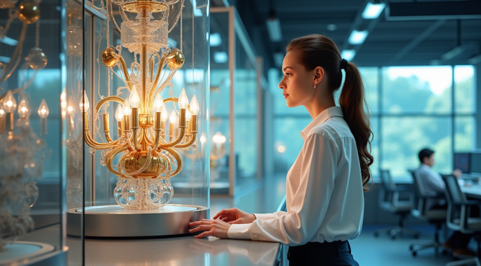 Jeune chercheuse devant un ordinateur quantique chandelier