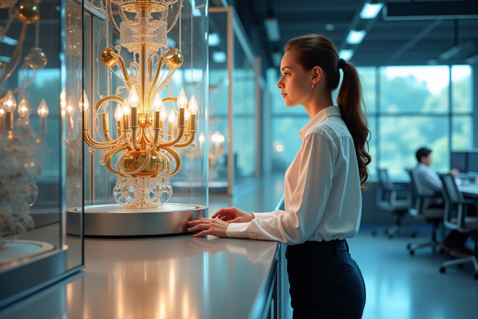 Jeune chercheuse devant un ordinateur quantique chandelier