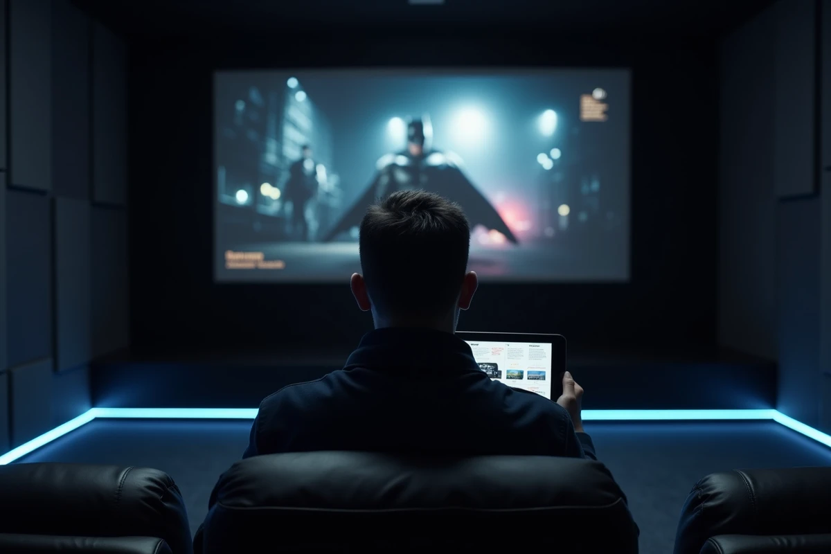 Homme consultant une chronologie des films Batman sur tablette dans une salle de cinéma privée
