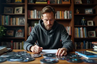 Cinéphile classant sa collection de films Batman par saga sur un bureau en bois avec notes manuscrites