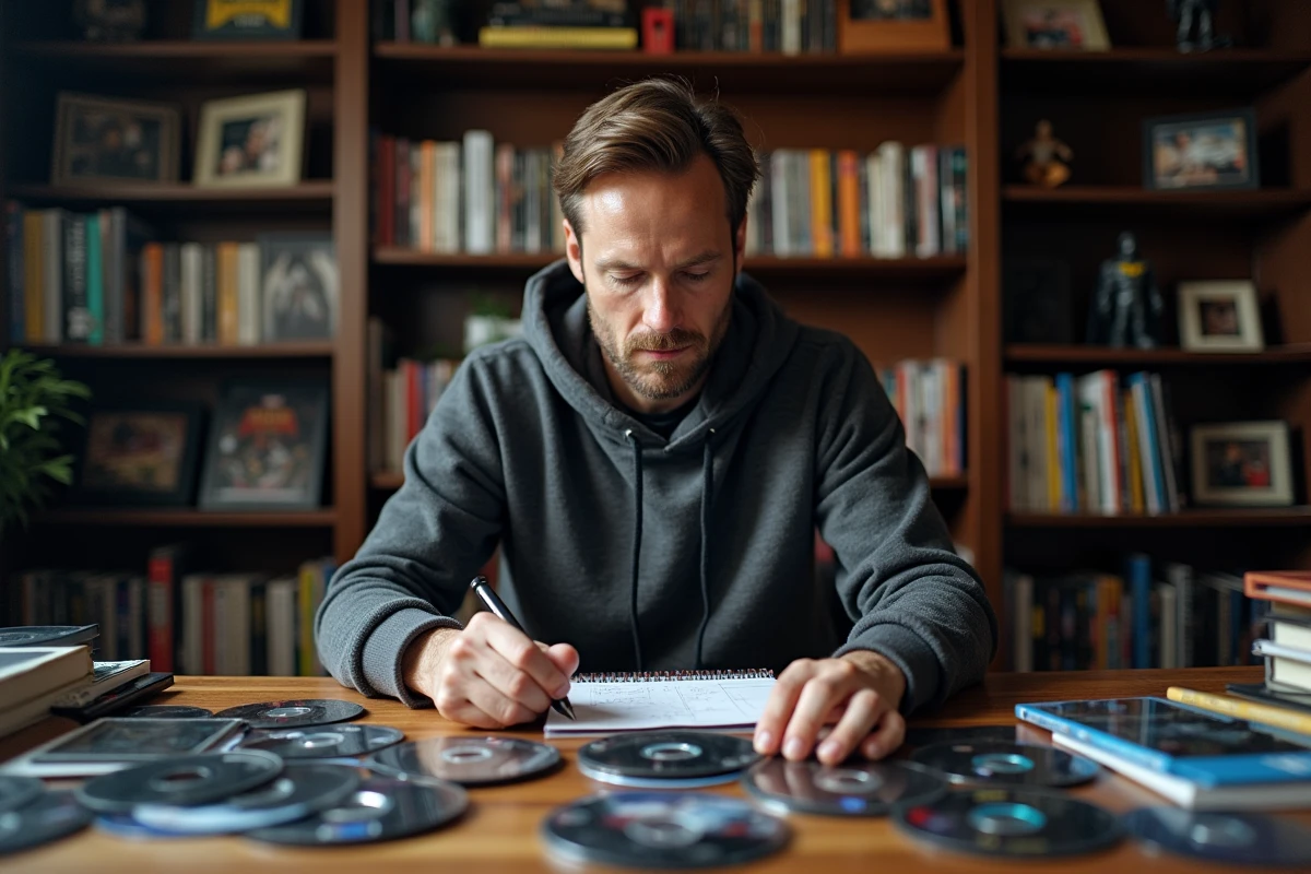 Cinéphile classant sa collection de films Batman par saga sur un bureau en bois avec notes manuscrites