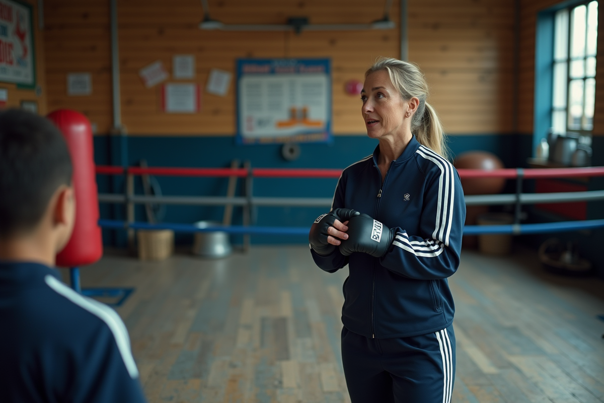 Entraineur de boxe encadrant de jeunes athlètes dans un gymnase