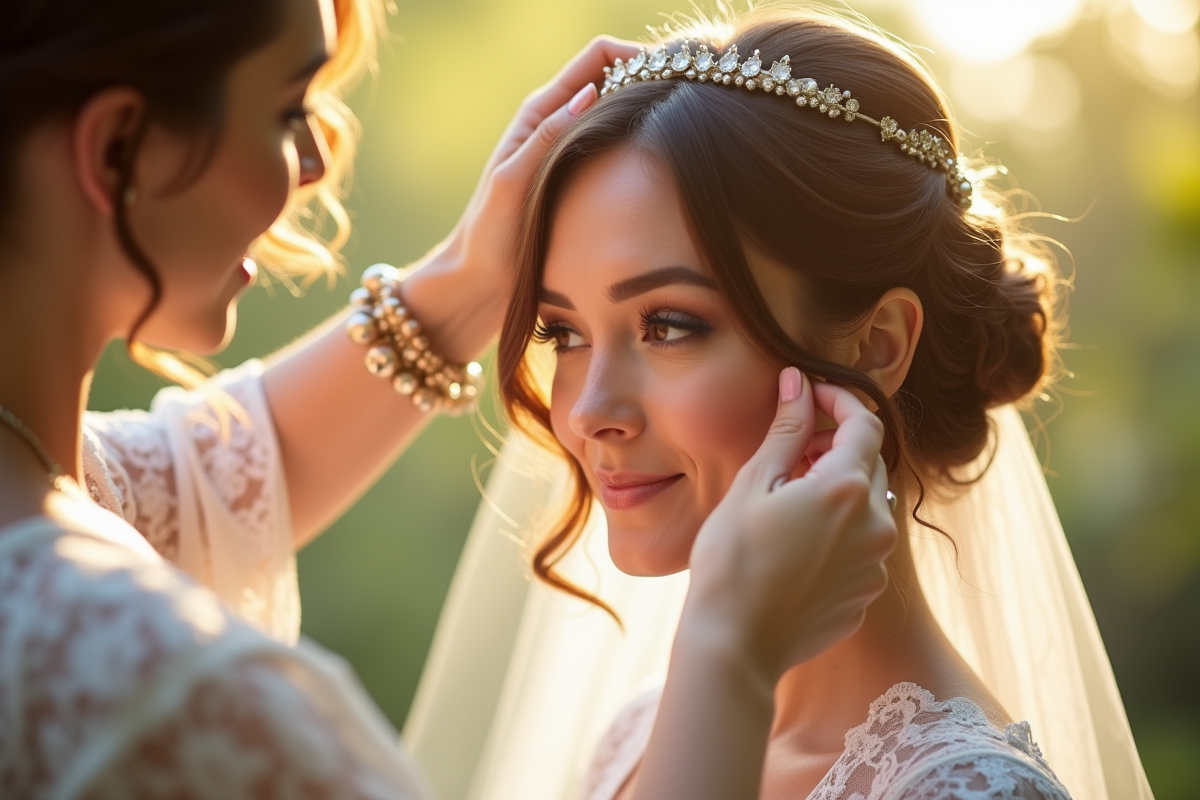 Coiffeuse ajustant délicatement le voile d une mariée aux cheveux courts en extérieur