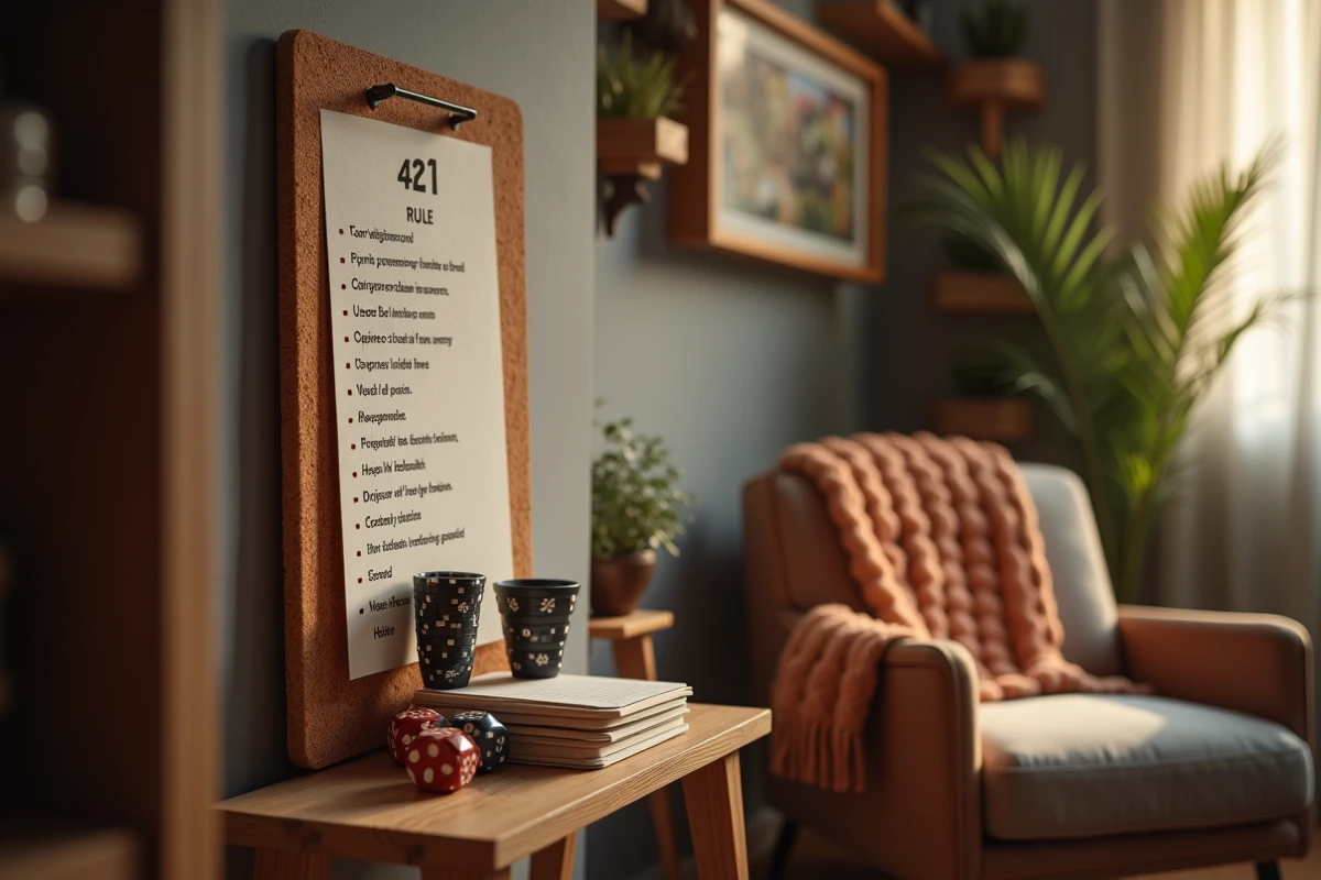 Coin jeu de société avec fiche de règles du 421 affichée sur un tableau liège dans un salon chaleureux
