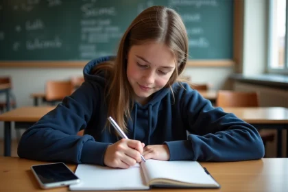 Collégienne consultant son agenda papier pour organiser ses semaines paires et impaires en 2026