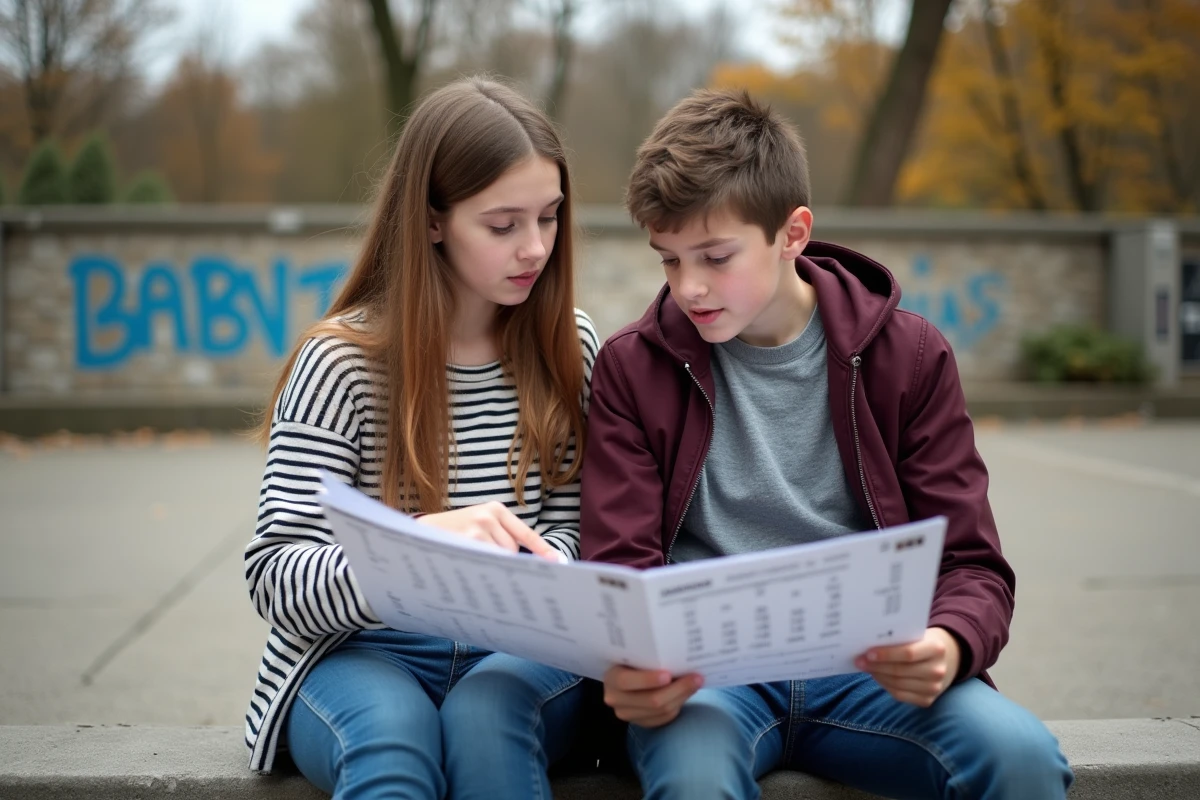 Deux collégiens dans la cour de récréation étudiant ensemble un calendrier pour identifier les semaines paires et impaires de 2026