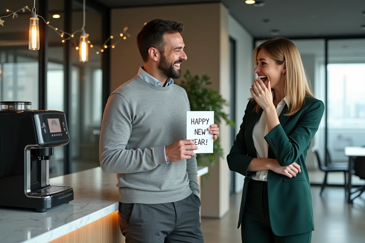 Deux collègues de bureau partagent un fou rire en découvrant un message de vœux piquant et chic pour la nouvelle année près de la machine à café