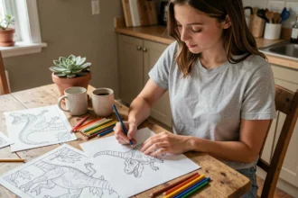 Femme coloriant un dessin de dinosaure imprimé à la maison avec des crayons de couleur
