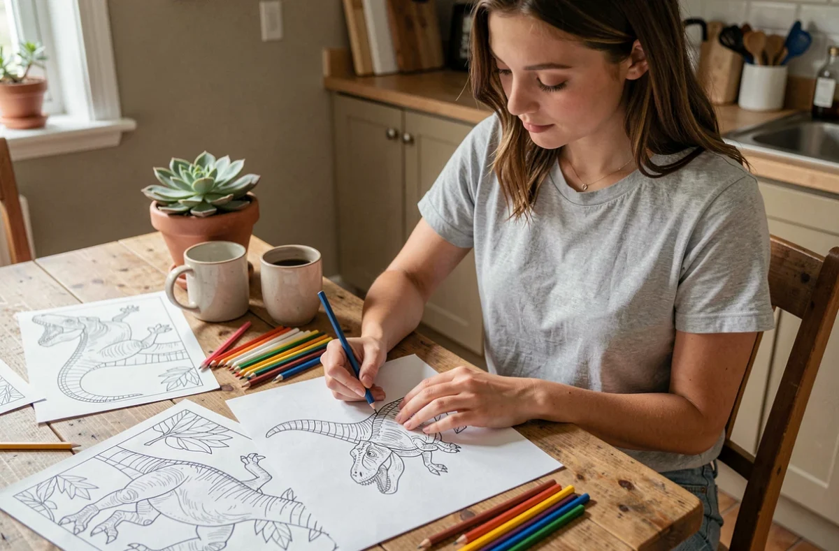 Femme coloriant un dessin de dinosaure imprimé à la maison avec des crayons de couleur