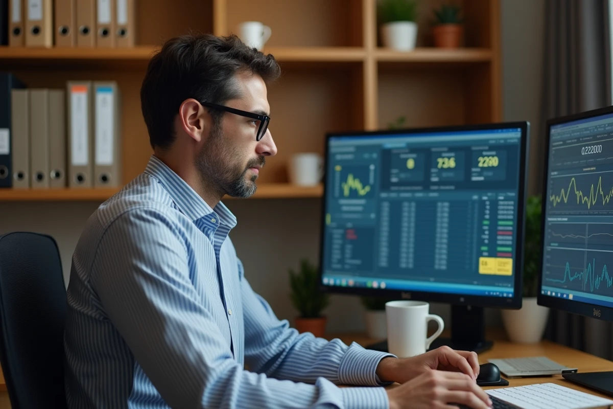 Comptable analysant un écart de solde entre deux logiciels de gestion sur écrans doubles