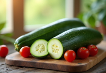Concombre et zucchini tranchés sur une planche en bois avec tomates cerises
