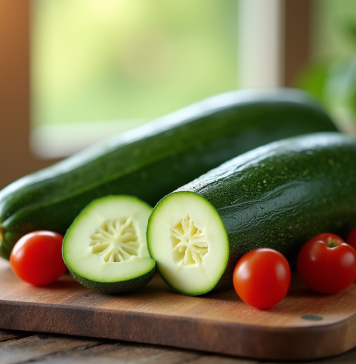 Concombre et zucchini tranchés sur une planche en bois avec tomates cerises