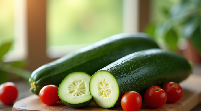 Concombre et zucchini tranchés sur une planche en bois avec tomates cerises