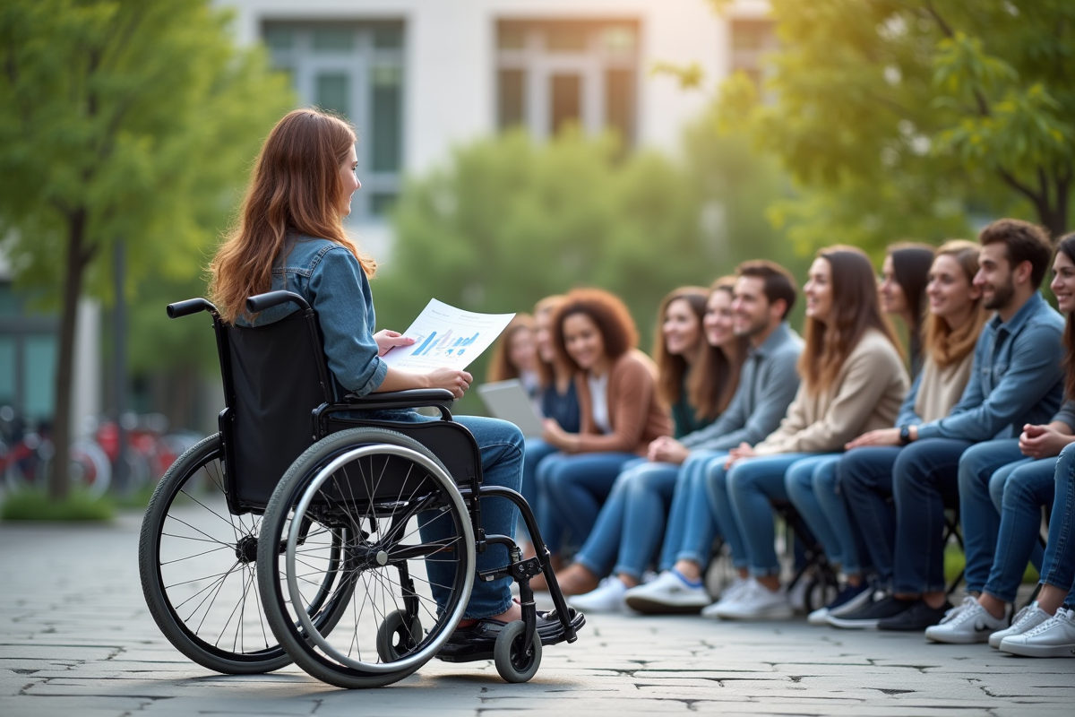 Conférence en plein air avec une femme en fauteuil expliquant un graphique