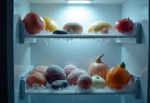 Congélateur ouvert rempli d'aliments glacés avec brume froide