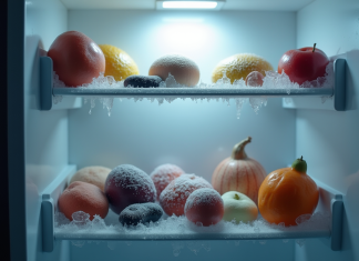 Température dans un congélateur : les erreurs à ne pas commettre Congélateur ouvert rempli d'aliments glacés avec brume froide