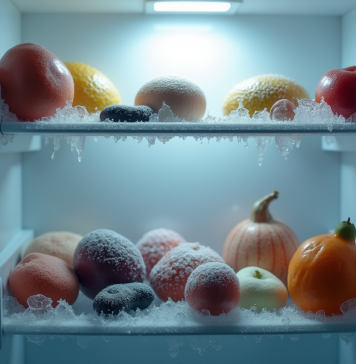 Congélateur ouvert rempli d'aliments glacés avec brume froide