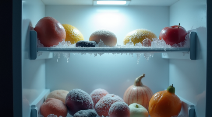 Congélateur ouvert rempli d'aliments glacés avec brume froide