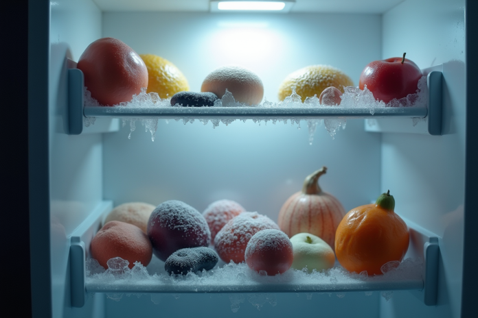 congelateur-foyer-glace Congélateur ouvert rempli d'aliments glacés avec brume froide