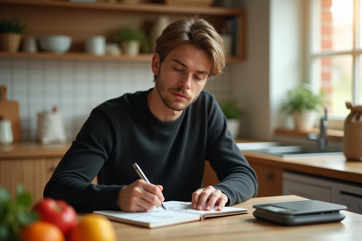 Jeune homme notant des conversions de grammes en kilogrammes et livres dans un carnet avec une balance de cuisine