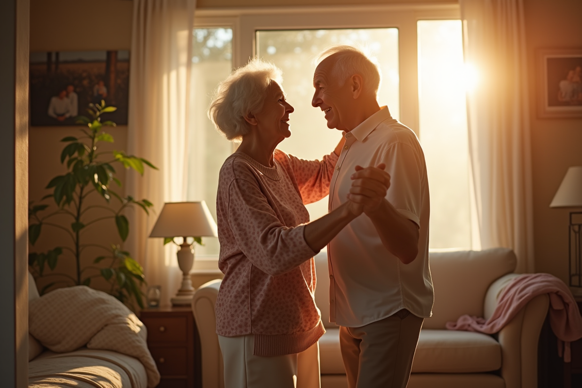 Couple de seniors dansant dans un salon lumineux et chaleureux