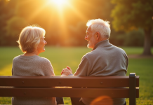 Couple de seniors assis sur un banc ensoleillé dans un parc