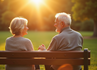 Couple de seniors assis sur un banc ensoleillé dans un parc