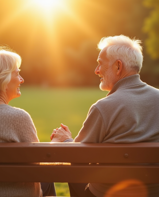Couple de seniors assis sur un banc ensoleillé dans un parc