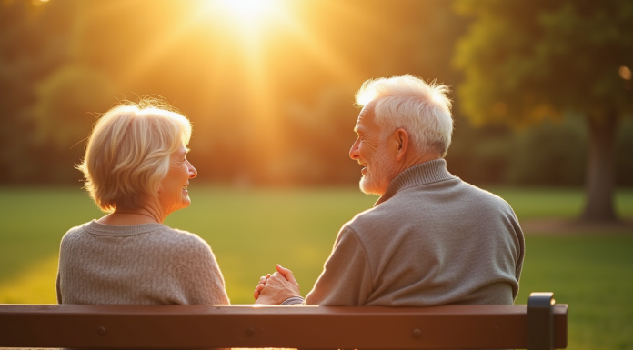 Couple de seniors assis sur un banc ensoleillé dans un parc