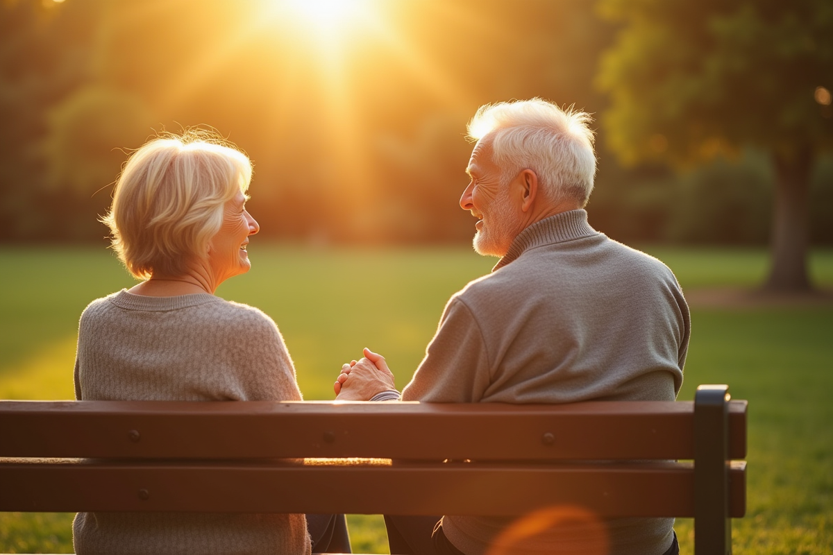 Couple de seniors assis sur un banc ensoleillé dans un parc