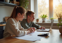 Jeune couple à la maison examine des documents avec calculatrice
