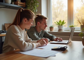 Coût hypothèque : quelle somme prévoir pour acheter sa maison ? Jeune couple à la maison examine des documents avec calculatrice