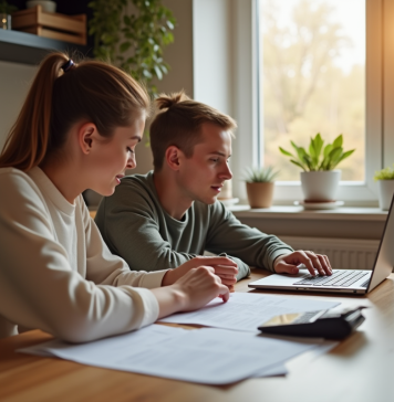Coût hypothèque : quelle somme prévoir pour acheter sa maison ? Jeune couple à la maison examine des documents avec calculatrice