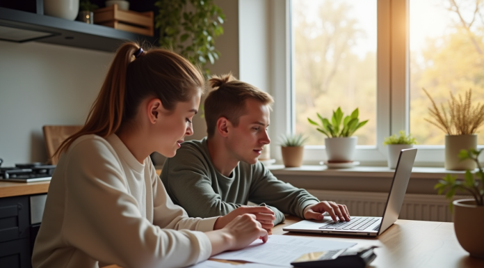 Jeune couple à la maison examine des documents avec calculatrice