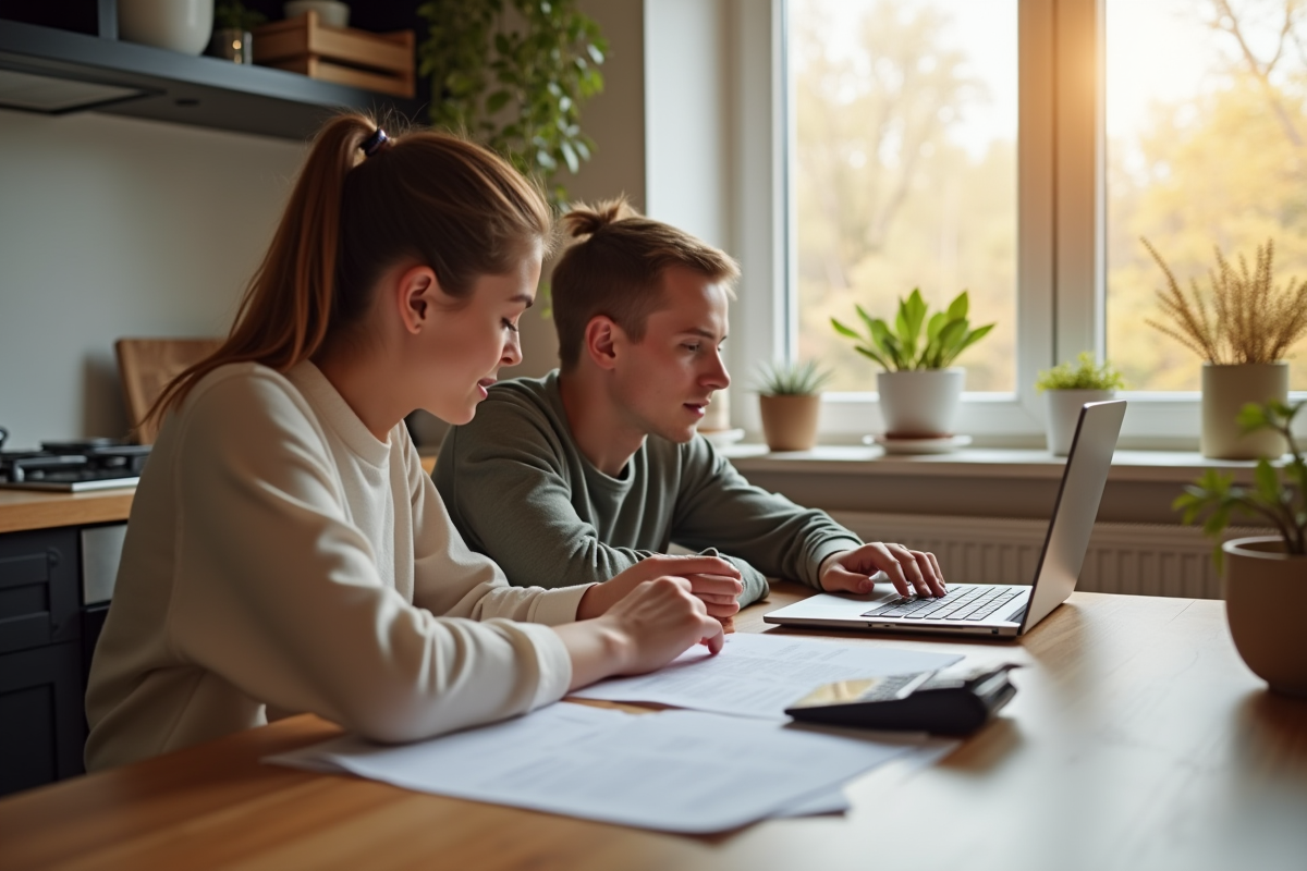 Jeune couple à la maison examine des documents avec calculatrice