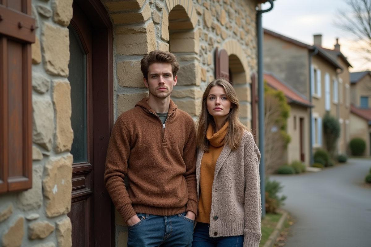 Jeune couple regardant une maison en campagne française