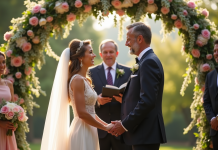 Couple élégant échangeant leurs vœux en extérieur