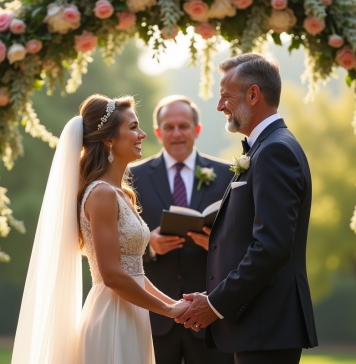 Couple élégant échangeant leurs vœux en extérieur