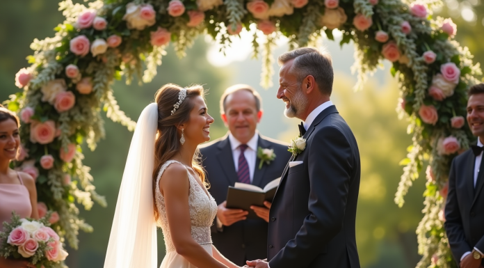 Couple élégant échangeant leurs vœux en extérieur