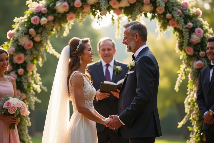 Couple élégant échangeant leurs vœux en extérieur