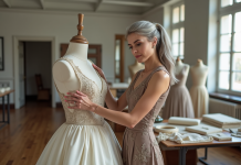 Femme élégante en couture ajustant un mannequin dans un atelier