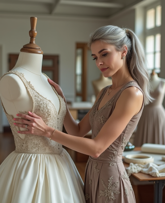 Femme élégante en couture ajustant un mannequin dans un atelier