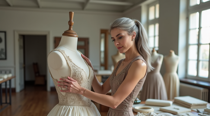 Femme élégante en couture ajustant un mannequin dans un atelier
