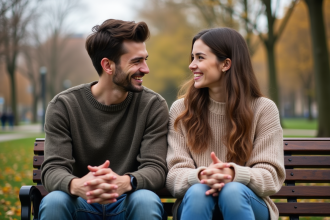 Deux personnes discutent sur un banc en automne