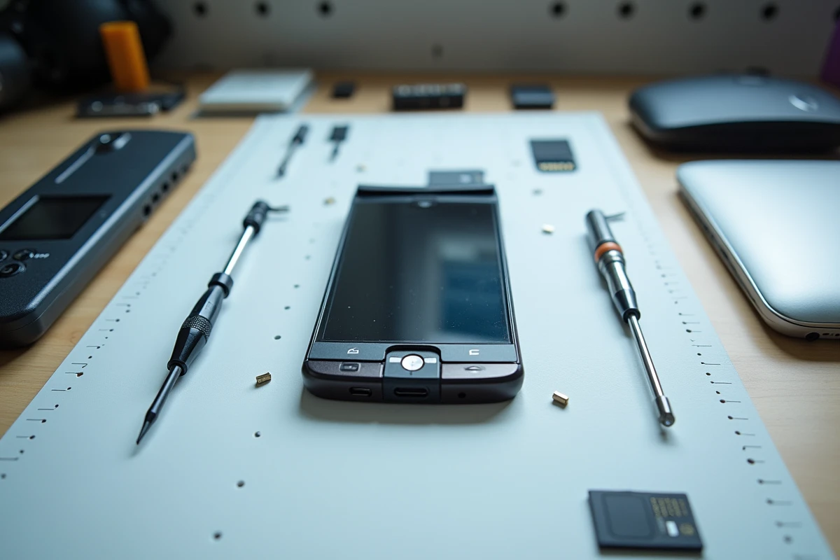 Démontage d'un Sony Ericsson sur un tapis antistatique avec outils de modification pour le convertir en lecteur MP3