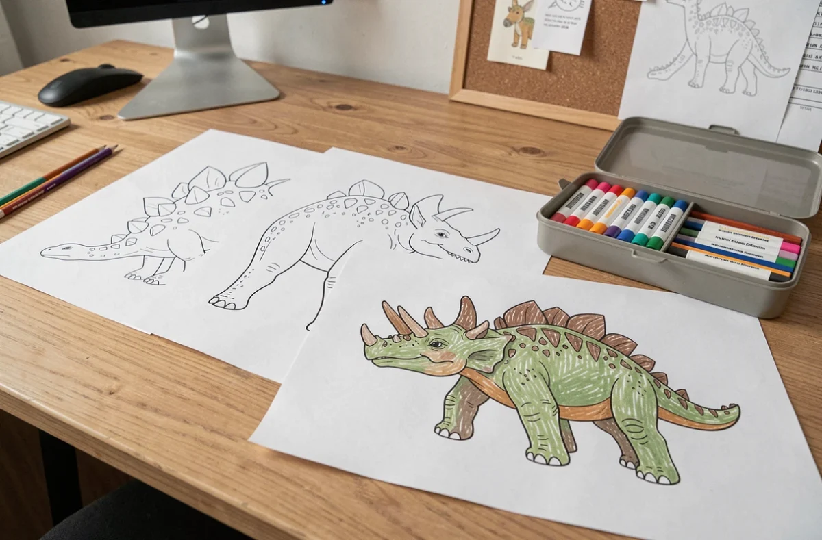 Dessins de dinosaures imprimés à colorier étalés sur un bureau avec des feutres et crayons