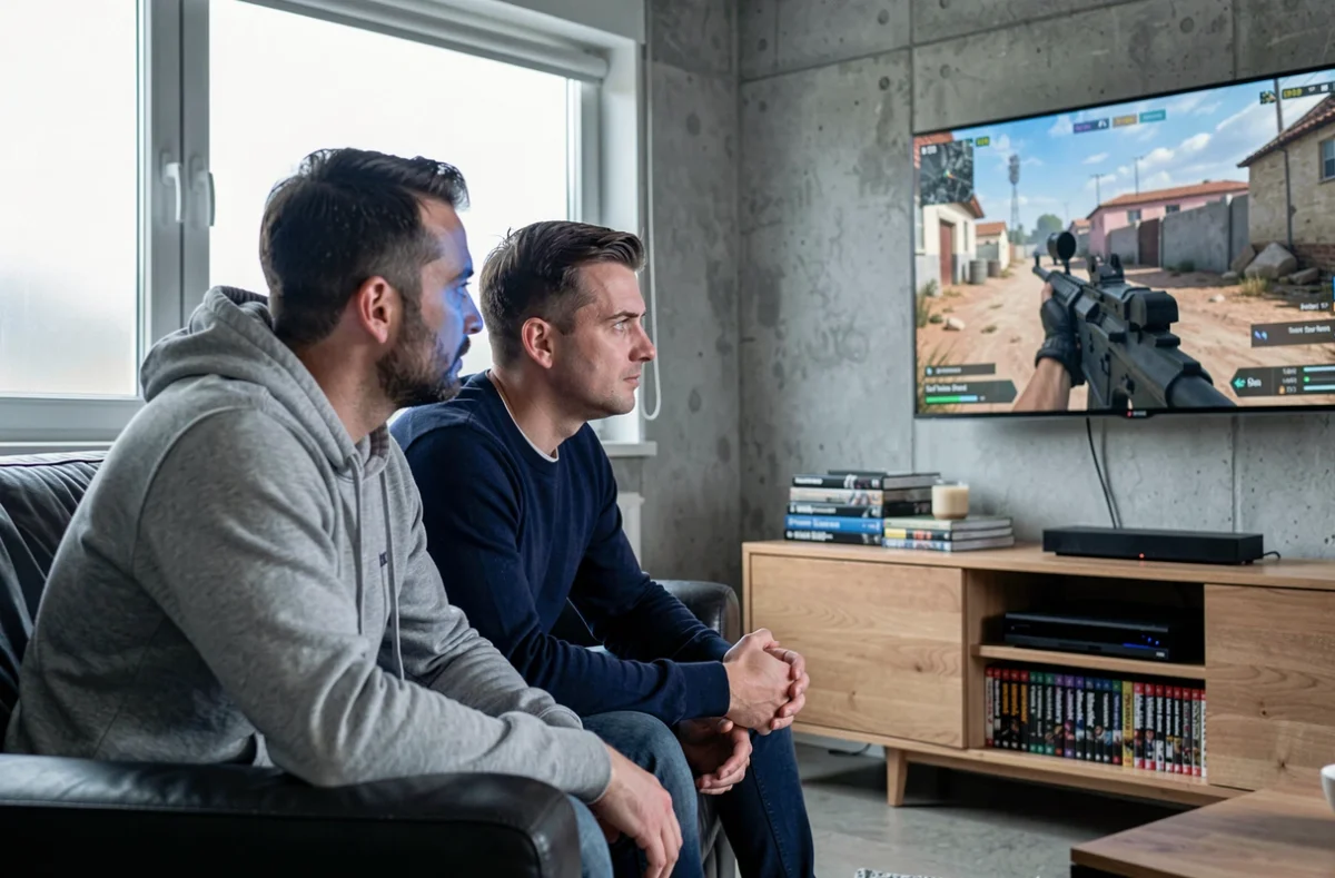 Deux joueurs adultes regardant un jeu de tir militaire sur grand écran dans un salon moderne, évoquant l'attente autour de Battlefield 6