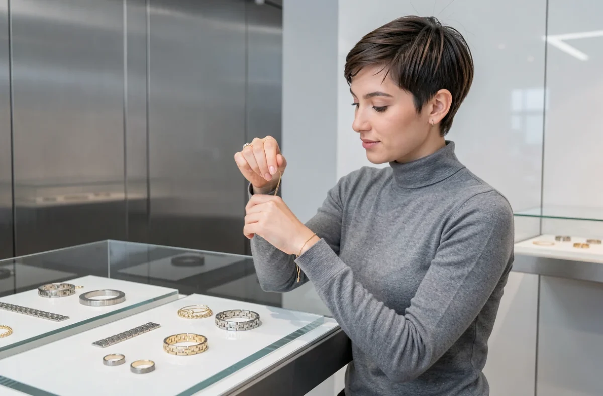 Vitrine épurée de Dinh Van à Paris avec bracelets chaîne géométriques en or, cliente essayant une chaîne au poignet dans une boutique contemporaine