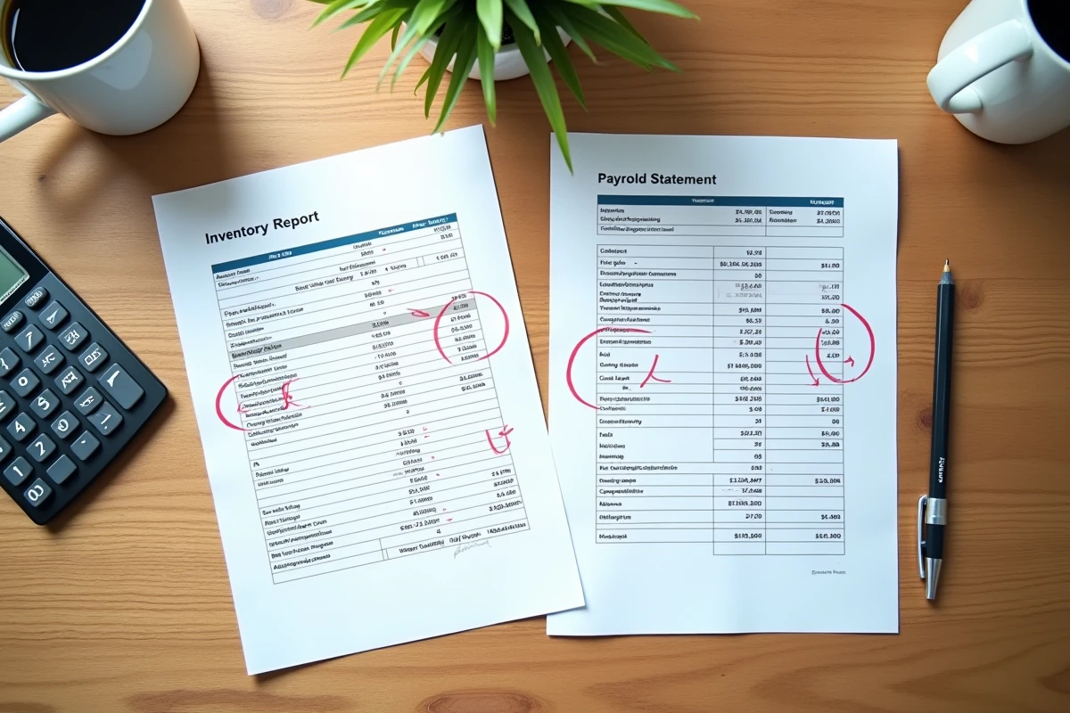 Vue aérienne de documents comptables annotés montrant un écart entre relevé vestimentaire et unité de gestion